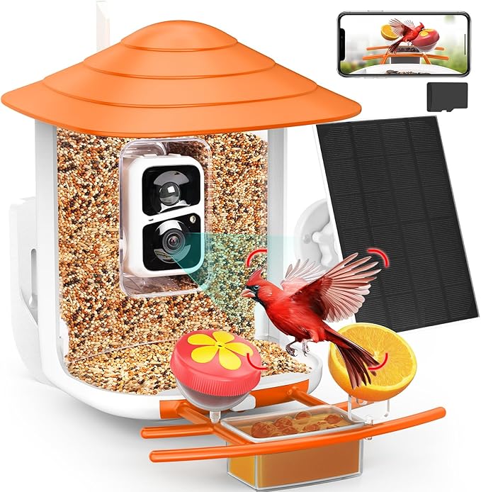 birdsnap® TUC Smart Bird Feeder with Camera 2K HD, Solar Panel 32GB Card 4-in-1 Perch, 160°View Auto Detect & Notify AI Identify Video Bird Camera Wireless Outdoors Ideal Gift for Birds Lover