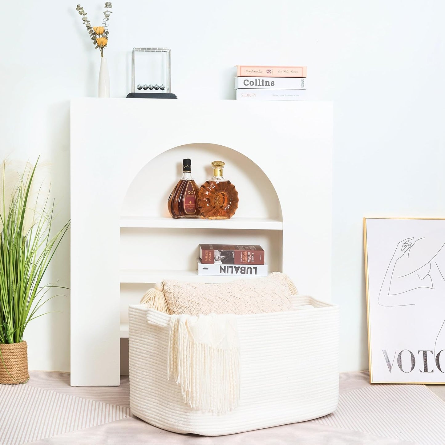 MINTWOOD Design 22in Extra Large Blanket Basket Holder Living Room, Rectangle Rope Woven Storage Basket with Handles for Laundry, Pool Towels, and Shoes, Dog Toy Organizer Bin Box, Creamy White