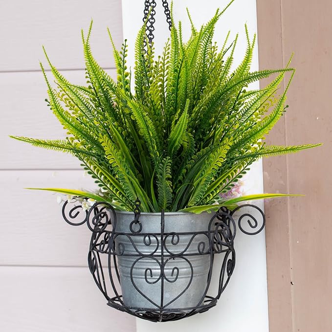 12 Bundles Artificial Plants Outdoor Fake Boston Fern Greenery with Flowers Faux UV Resistant Shrubs Garden Patio Porch Window Box Farmhouse Hanging Decor(Green)