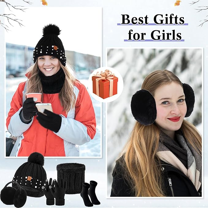 5 Pieces Women Winter Warm Set Knit Beanie Hat Scarf Touchscreen Gloves Earmuffs Stockings 5 in 1 Ski Outing Set for Gift