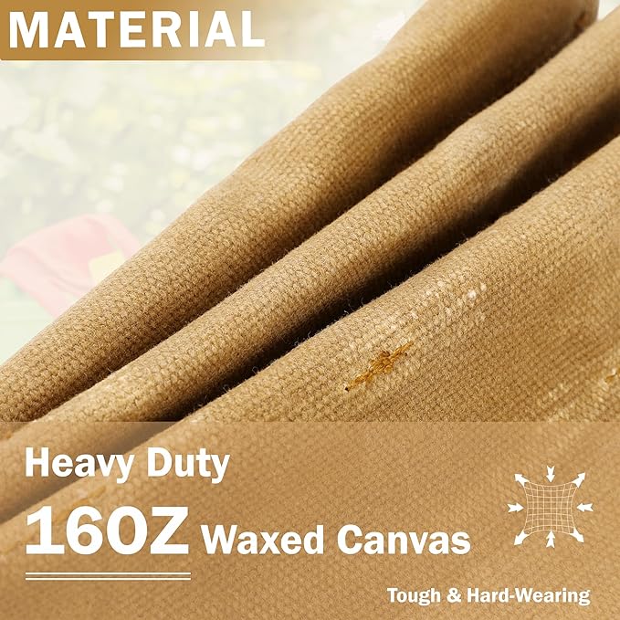 Canvas Tool Bag, 16OZ Waxed Canvas Garden Tool Tote - with 3 Inner Slots & 8 Outer Pockets & Portable Handle, Gardening Tool Storage Bag for Gardener Florist Workshop - Khaki