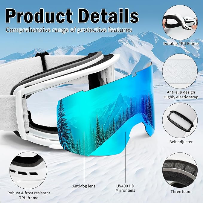 Ski Goggles for Men Women,Anti Fog UV Protection Snowboard Goggles for Adult & Youth,OTG Snow Skiing Goggles