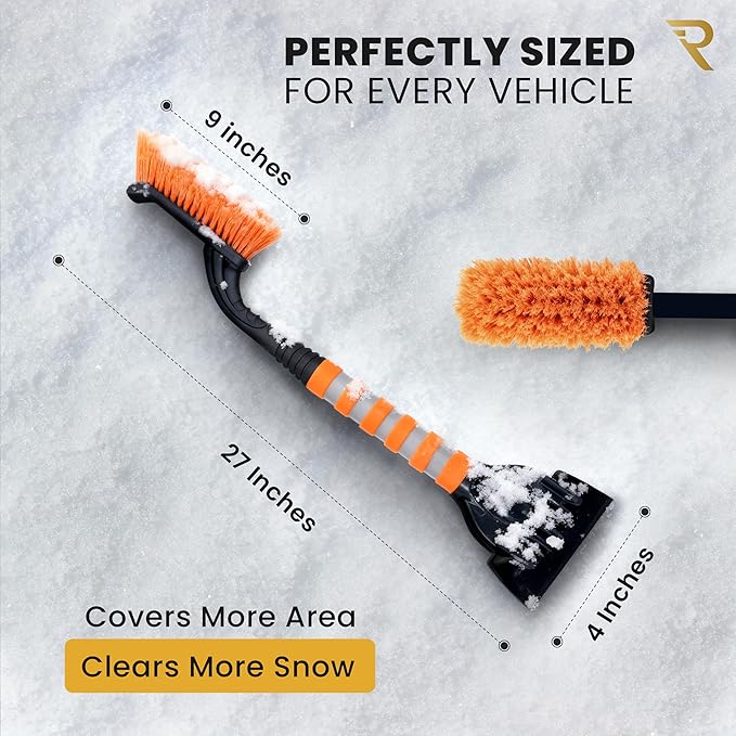RevLux Heavy-Duty Snow Brush and Ice Scraper for Cars & SUVs | U-Shaped Reinforced Handle, Ultra-Soft Non-Scratch Bristles, Durable ABS Ice Scraper | Winter Car Snow Removal Tool | 27-Inch