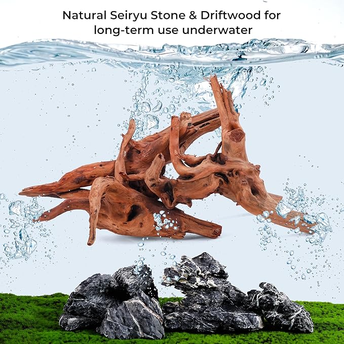 Aquarium Rocks & Driftwood Decor Kit, 2-8 Inches Natural Seiryu Stone 4 PCS for Aquascaping, 6-10 Inches Natural Driftwood 2 PCS for Fish Tank Decoration, Reptile and Amphibian Enclosures