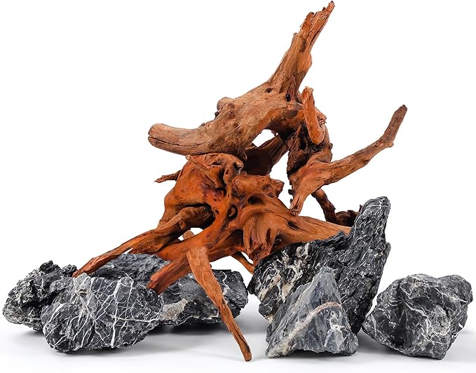 Aquarium Rocks & Driftwood Decor Kit, 2-8 Inches Natural Seiryu Stone 4 PCS for Aquascaping, 6-10 Inches Natural Driftwood 2 PCS for Fish Tank Decoration, Reptile and Amphibian Enclosures