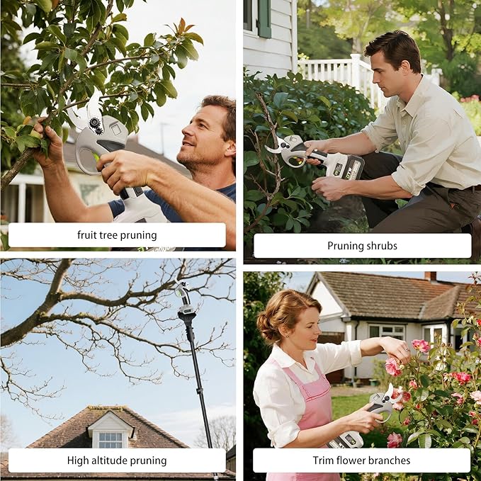 2-in-1Electric Pruning Shears with Pole,Cordless Pruning Shears with LCD Display＆SK7 Blades-Adjustable Cutting Diameter0.59-1.2"＆21V 2 x 3.0Ah Rechargeable Batteries,LCD Display.For Tree Branch(Gray)