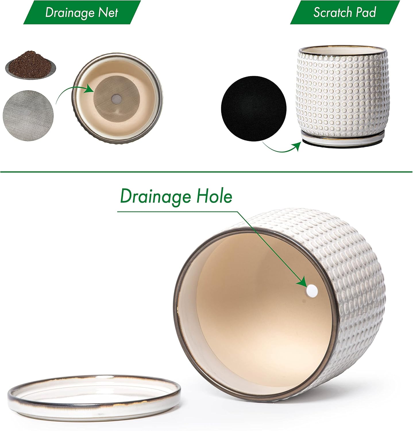 D'vine Dev Set of 2 Ceramic Plants Pots, 4 Inch Beaded Stoneware Flower Pot for Plants with Drainage Hole and Saucer, Smoked White, 27-E-Z-1