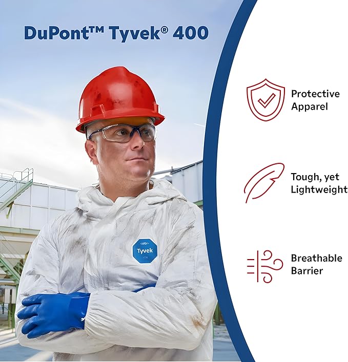 DuPont Tyvek 400 TY127S Disposable Protective Coverall with Respirator-Fit Hood and Elastic Cuff, White