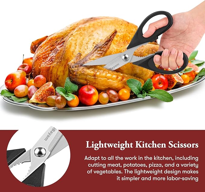 iBayam All Purpose Kitchen Scissors, Kitchen Shears with Protective Sheath Durable Stainless Steel Sharp Scissors, Dishwasher Safe, Soft Grip Handle for Cooking Food Herb Pizza Salad Seafood, 8.5 Inch