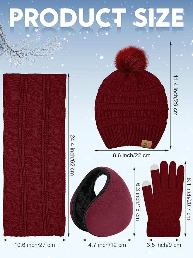 URATOT 4-In-1 Winter Warm Sets Knitted Scarf Touch Screen Gloves Beanie Pompom Hat and Winter Ear Warmer for Men or Women