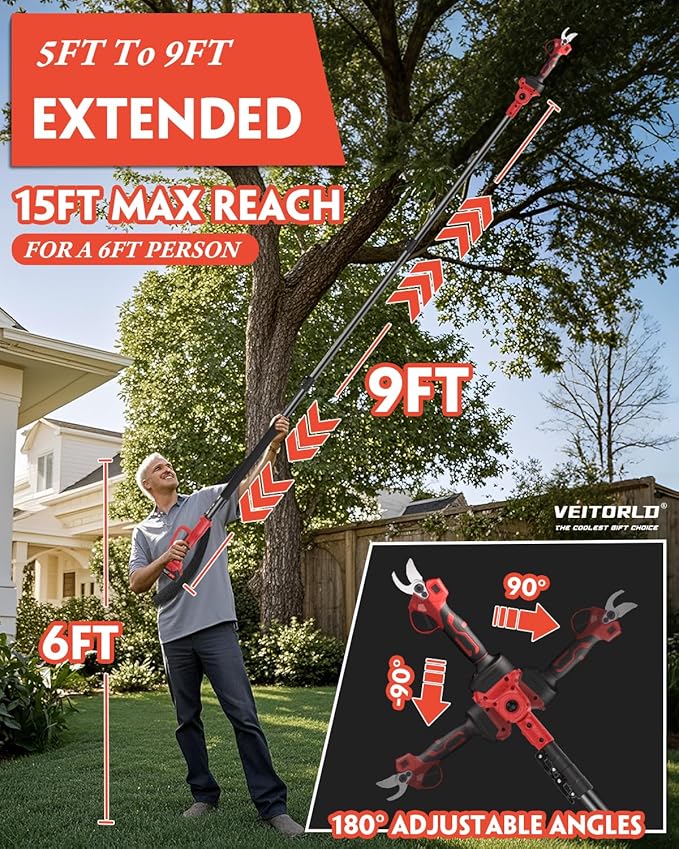 VEITORLD 2-IN-1 Cordless Electric Pole Pruning Shears, 15ft Reach, 1.2" Cutting Diameter, Battery Powered with 2x 2000mAh, Brushless Motor for Efficient Garden Tree Trimming, Branch Cutting（Red）
