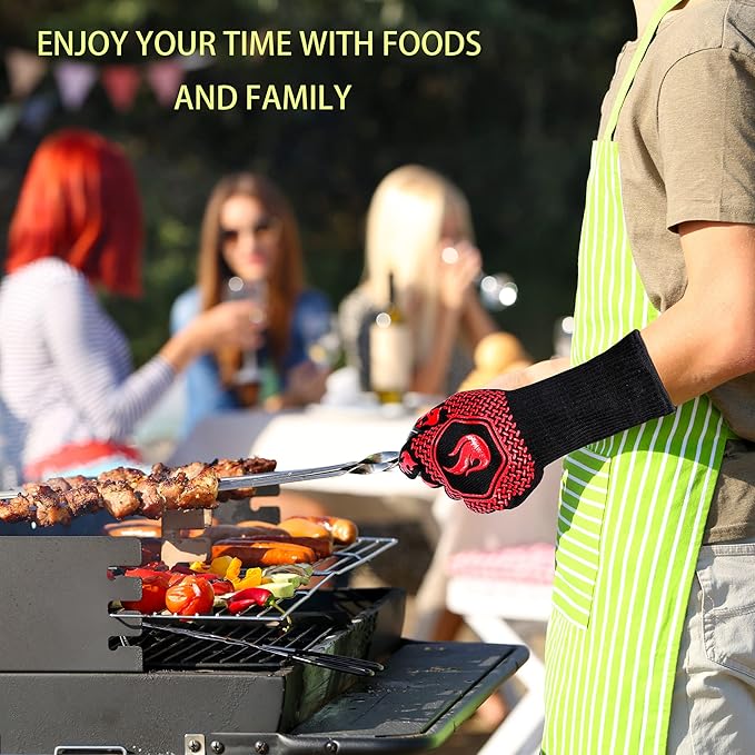 BBQ Fireproof Gloves, Grill Cut-Resistant 1472°F Heat Resistant Gloves, Non-Slip Silicone Oven Gloves, Kitchen Safe Cooking Gloves for Oven Mitts,Barbecue,Cooking, Frying,13.8 Inch-Red