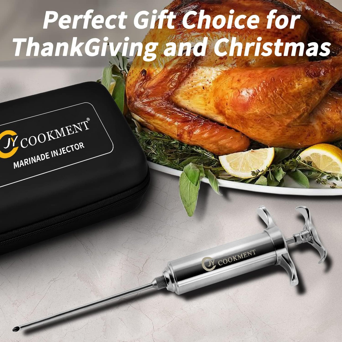 Meat Injector Syringe 2-oz Marinade Flavor Barrel 304 Stainless Steel with 3 Marinade Needles, Travel Case for BBQ Grill Smoker, Turkey, Brisket, Paper Instruction and E-book Included by JY COOKMENT