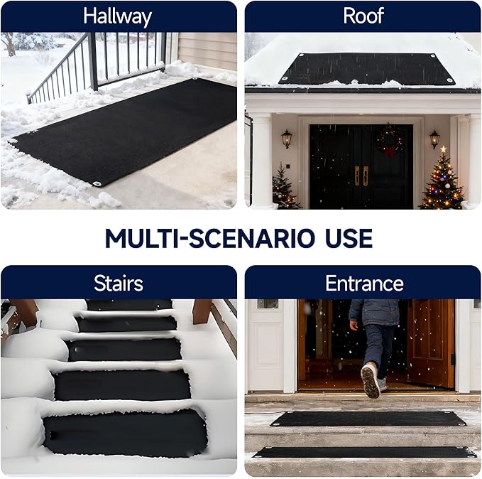 Snow Melting Mats Outdoor 20x60 Inch, Double No-Slip Rubber Heated Driveway Mats for Winter Snow Removal, 2 in/h Ice Melting Mats with Power Cord for Stairs, Walkways, Decks, Roof & Sidewalks,1PC