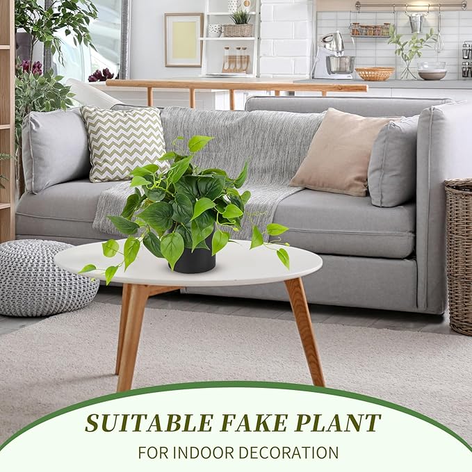 JPSOR Artificial Indoor Plants for Home Decor, 12 inches Pothos in Black Ceramic Pot with Iron Wire, 1 Count