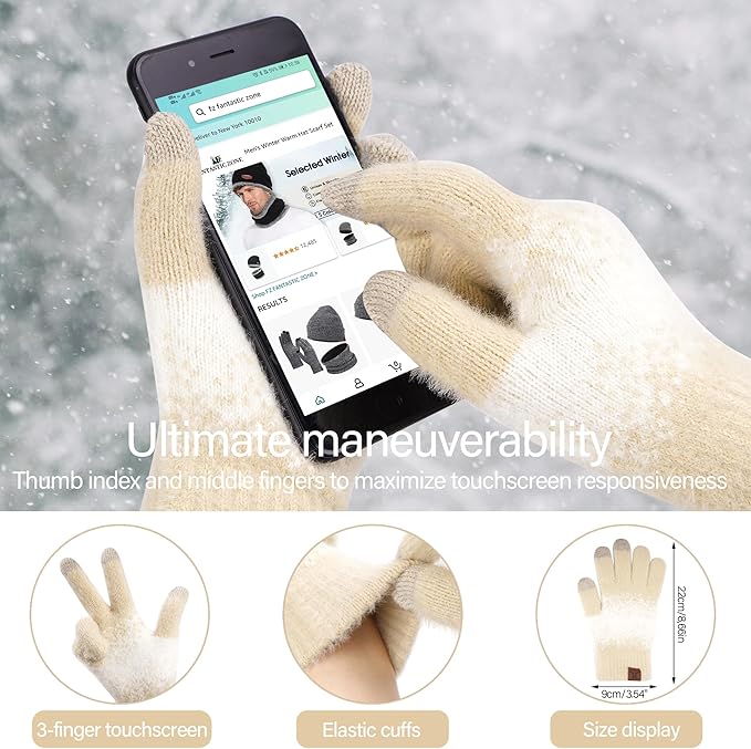 Womens Winter Knit Beanie Hats and Touchscreen Gloves Long Scarf Set with Warm Fleece Lined Skull Caps Scarves for Women