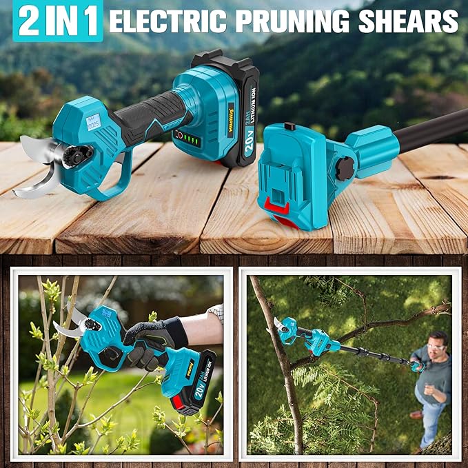 2 in 1 Pole Pruning Shears, 2" Cutting Diameter Electric Cordless Pole Pruner Compatible with Makita 18V Battery, with 2 x 2.0Ah Rechargeable Batteries, Brushless Motor,13ft Reach Pole Pruner