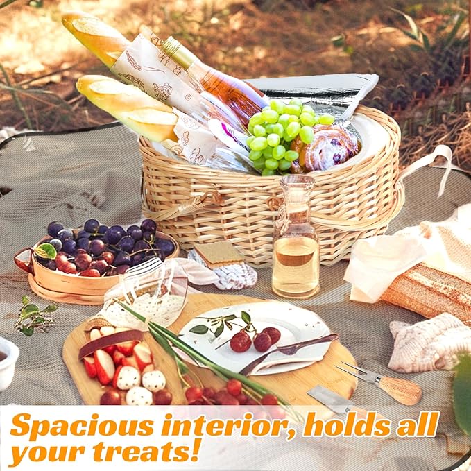 Hap Tim Dual Wicker Picnic Basket Set with Blanket for 2 - Unique Gifts Ideas for Couple, Engagement, Wedding, Bridal Shower, Family, Christmas - White Elephant Gifts for Adults（Y2408A-2）