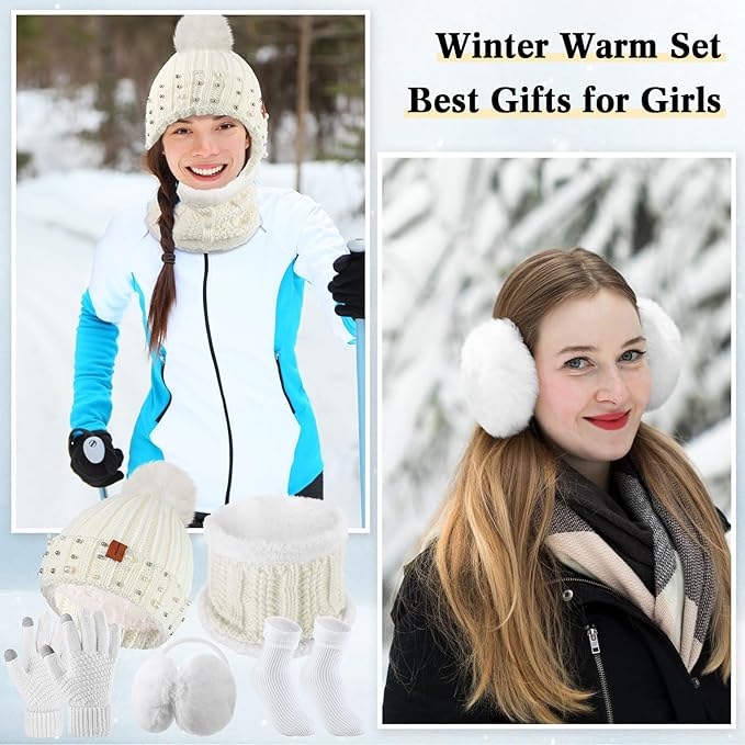 5 Pieces Women Winter Warm Set Knit Beanie Hat Scarf Touchscreen Gloves Earmuffs Stockings 5 in 1 Ski Outing Set for Gift