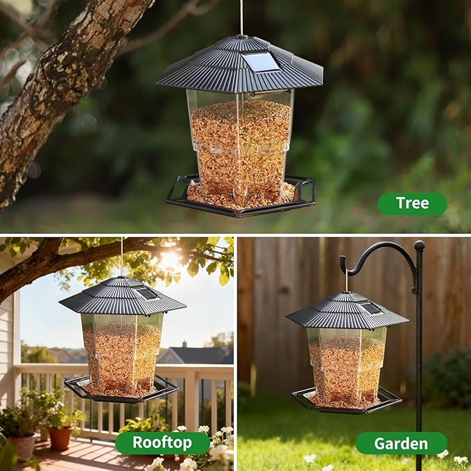 Solar Bird Feeder for Outdoors Hanging,Black Hanging Wild Bird Feeders with S Hook for Blue Bird, Cardinals, Finches,Wild Birds Seed Feeder, As Gift for Bird Lovers