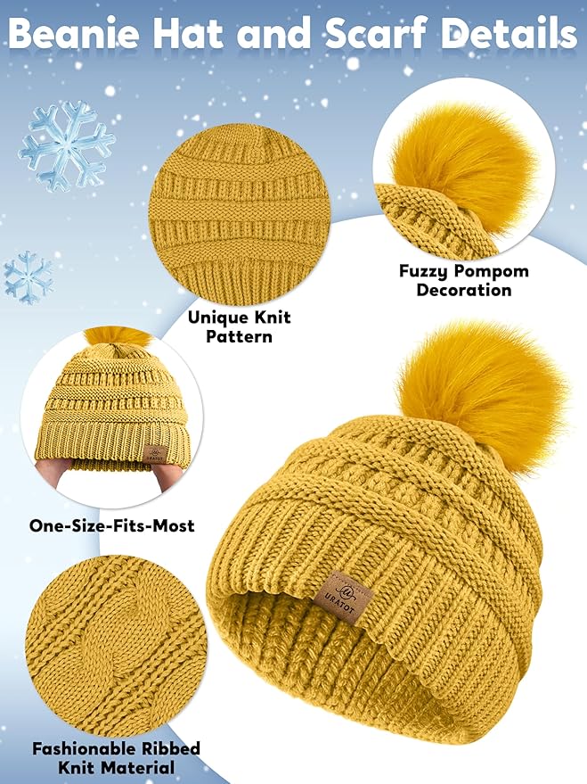 URATOT 4-In-1 Winter Warm Sets Knitted Scarf Touch Screen Gloves Beanie Pompom Hat and Winter Ear Warmer for Men or Women