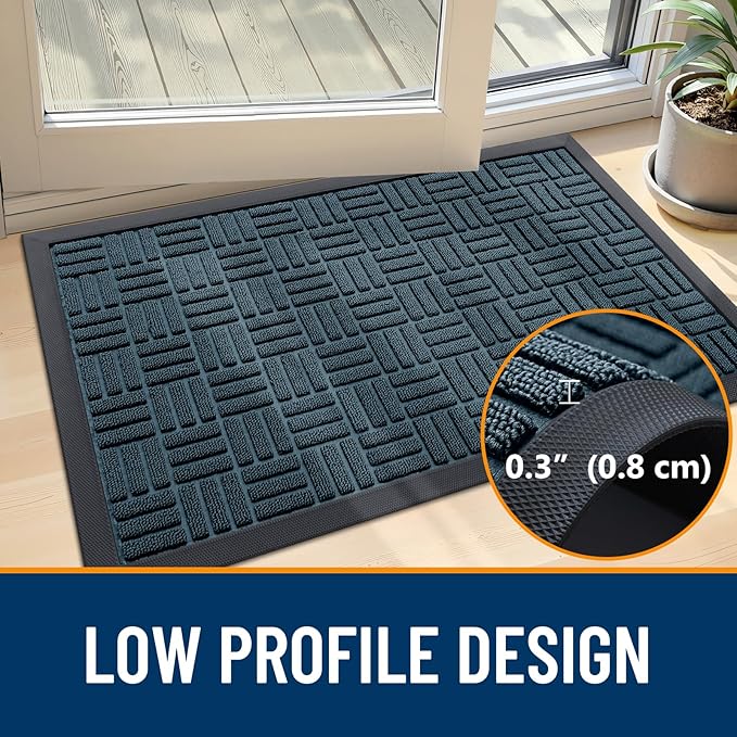 OLANLY Front Door Mat Outside Entrance 47x23, Absorbent, Heavy Duty Sturdy Natural Rubber Doormat Indoor Outdoor, Non-Slip, Stain and Fade Resistant, Low Profile Floor Mat for Entryway, Lake Blue