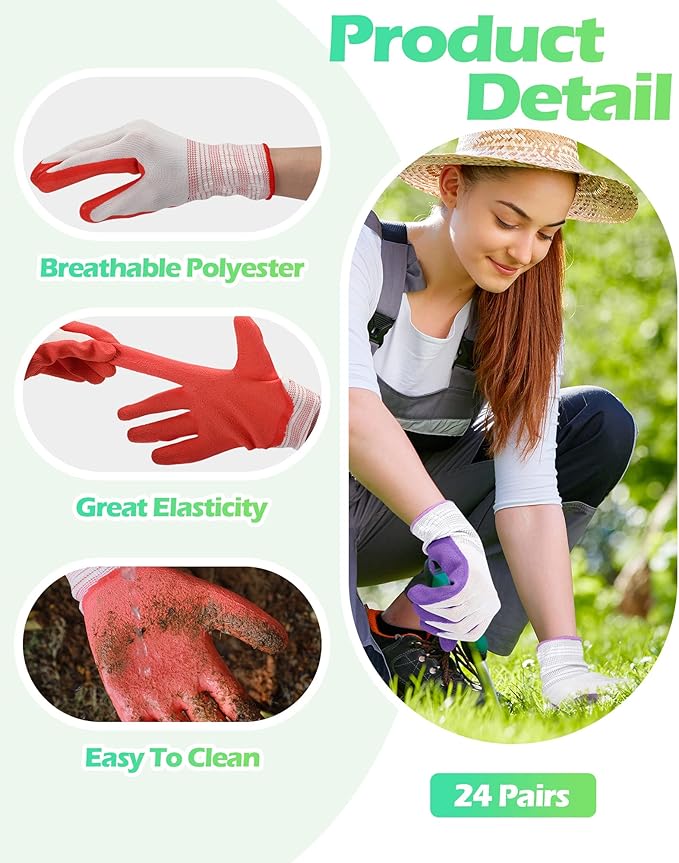 Irenare 24 Pairs Gardening Gloves Bulk for Women Ladies Breathable Rubber Coated Garden Glove for Yard Outdoor Work with Grip