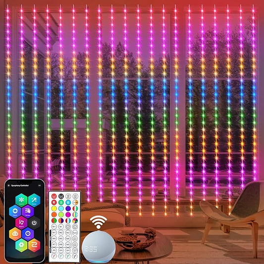 echosari Smart 600 LED Curtain Lights, 20Ft x 10Ft, Compatible with Alexa, App Control, DIY Fairy Lights, Dynamic for Backyard, Home, Wedding, Party Decor - RGB Color Changing IC
