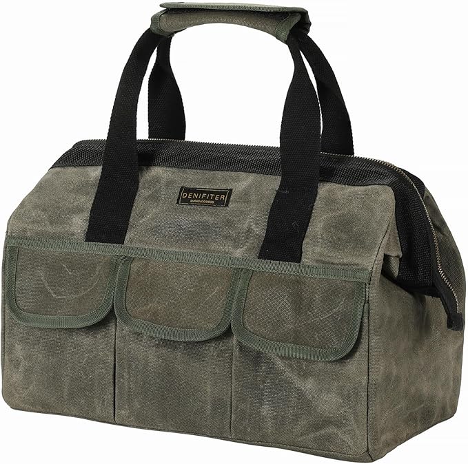 15 Inch Tool Bag, Heavy Duty Waxed Canvas Wide Mouth Water-Resistant Tool Bag, Garden Tool Tote with 15 Pockets | ArmyGreen