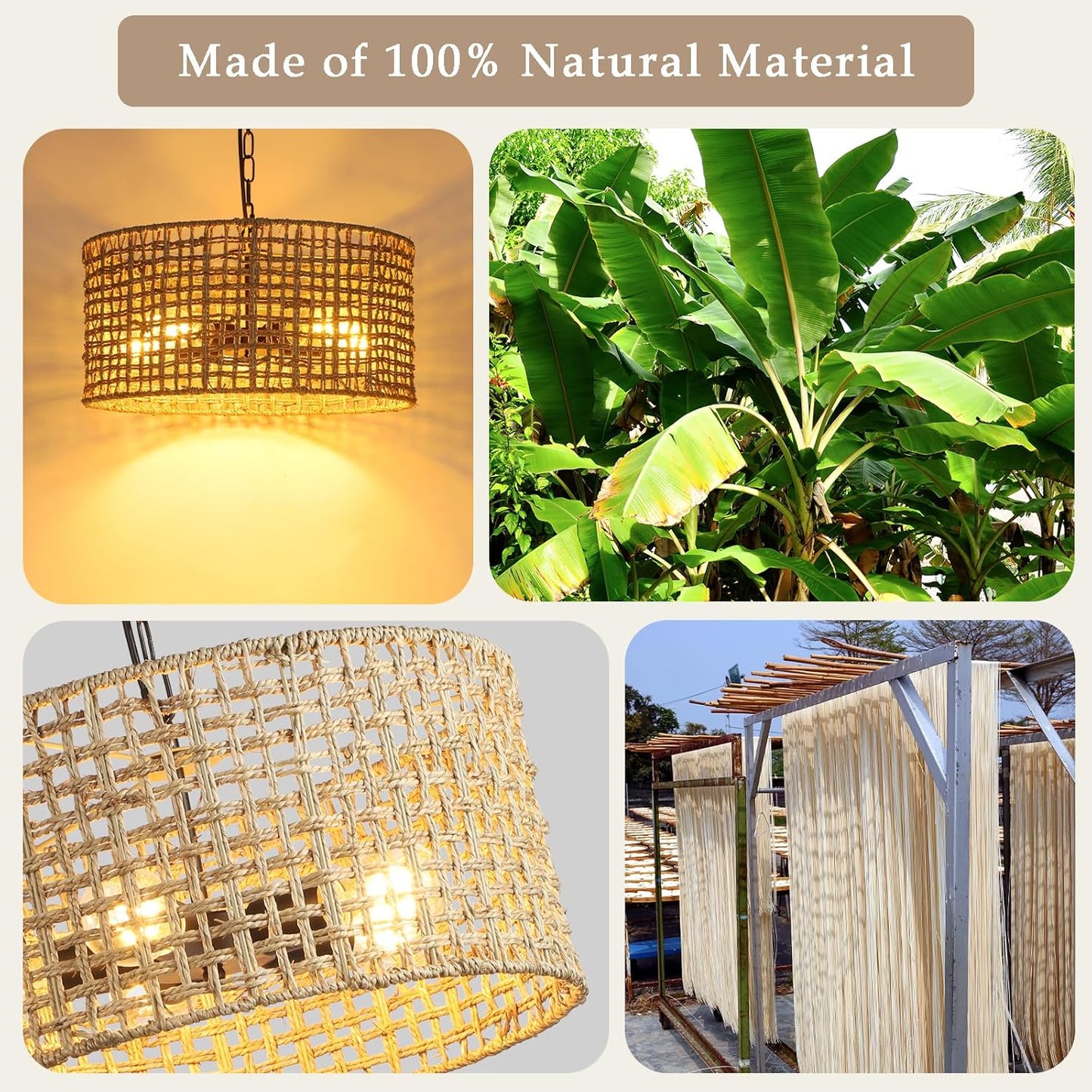 17.7" Rattan Dining Room Light fixtures, 5-Light Hand Woven Pendant Lights Kitchen Island Rattan Boho Chandelier Bohemian Hanging Ceiling Lights Wicker Lighting for Restaurants Living Room
