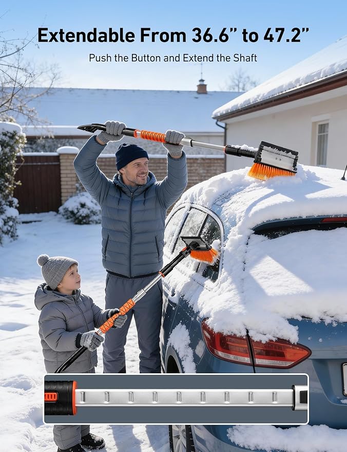 AstroAI 47.2" Ice Scrapers for Car Windshield, 3 in 1 Sturdy Snow Brush with Squeegee, 10 Adjustable Length Settings, Extendable Aluminum Handle, 180° Pivoting Snow Scraper for Car, Truck, SUV(Orange)
