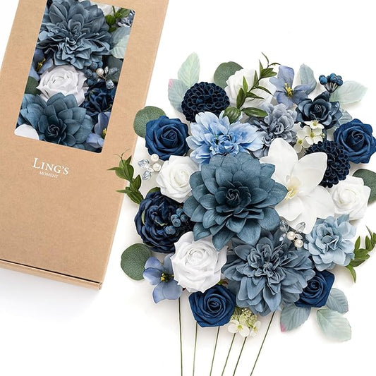 Ling's moment Fake Flowers Box, Faux Artificial Greenery Stems Foam Roses Gardenias Silk Dahlia Peony Fabic Flower for Centerpieces Bouquet Wedding Vase Decorations, Dusty Blue & Navy, Deluxe Combo