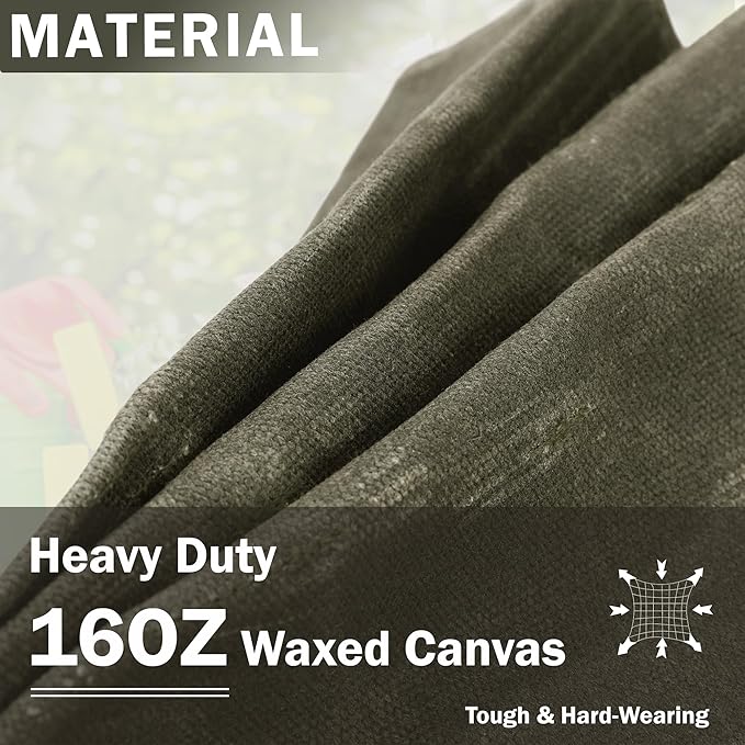 Tool Bag, Heavy Duty 16oz Waxed Canvas Garden Tool Tote - with 3 Inner Slots & 8 Outer Pockets, Multi-Purpose Gardening Tool Storage Bag for Gardener Florist Workshop - Army Green