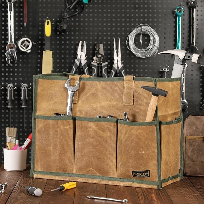 Heavy-Duty 16oz Waxed Canvas Tool Tote Bag - Water-Resistant Wide Mouth Organizer with Reinforced Handle | Large Capacity Tool Storage for Wrenches (16.5" x 12.5" x 6.5", Khaki)