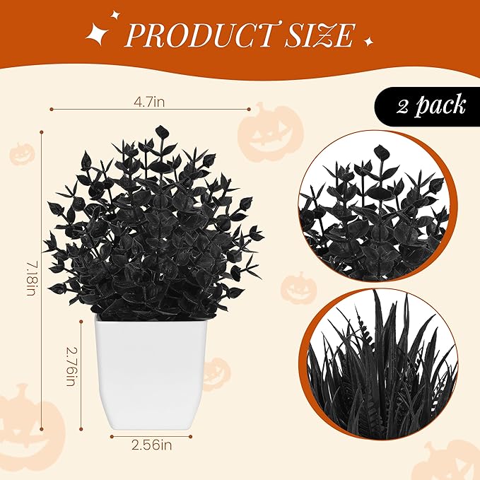 Der Rose 2 Pack Small Black Fake Plants Mini Artificial Potted Plants for Halloween Decor Table Desk Home Office Black Bathroom Decor