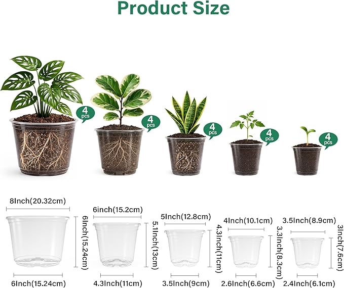 20 Pack 8/6/5/4/3.5 Inch Reinforced Large Clear Nursery Pots with Drainage Hole, Transparent Variety Pack Plastic Plant Pot for Vegetable Propagation, Root Cutting, Seed Starting