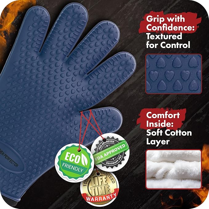 KITCHEN PERFECTION XL Silicone Smoker Oven Gloves-Extreme Heat Resistant BBQ Gloves-Handle Hot Food Right on Your Grill Fryer&Pit|Waterproof Grilling Cooking Baking Mitts|Superior Value Set+3 Bonuses