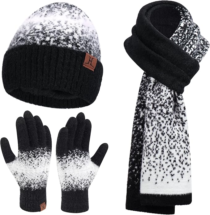 Womens Winter Knit Beanie Hats and Touchscreen Gloves Long Scarf Set with Warm Fleece Lined Skull Caps Scarves for Women