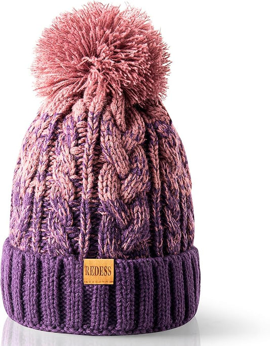 REDESS Women Winter Pompom Beanie Hat with Warm Fleece Lined, Thick Slouchy Snow Knit Skull Ski Cap