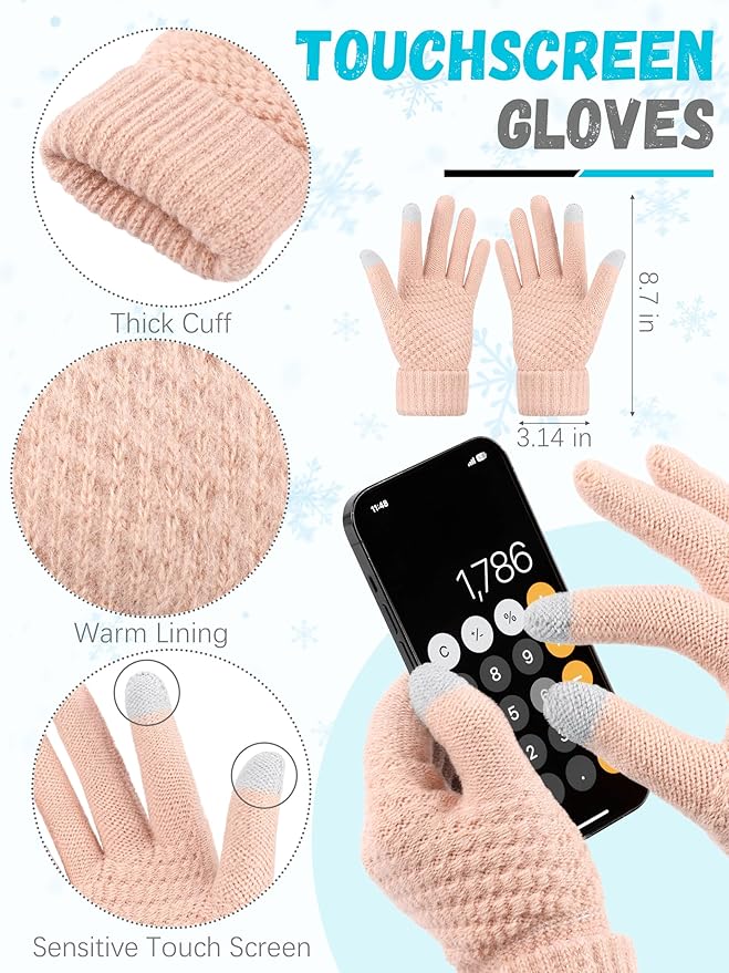 Winter Hat Scarf Gloves and Ear Warmer, Warm Knit Beanie Hat Touch Screen Gloves Set Winter Gifts Neck Scarves for Women