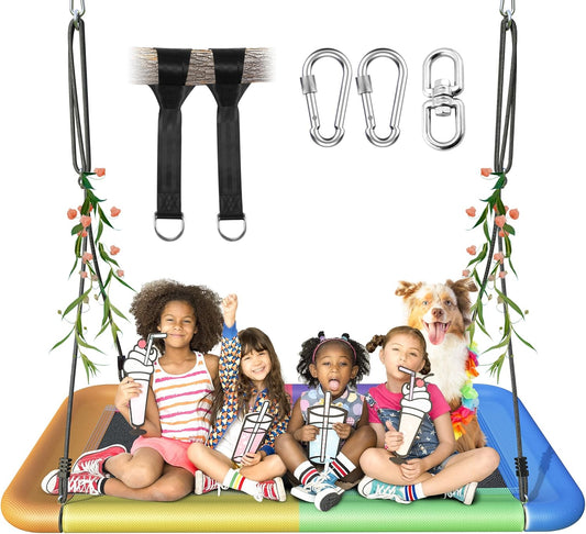 Tree Swing for Kids and Adults, 60" Waterproof Rectangle Platform Swing, 700lbs Heavy Duty with Adjustable Straps, Colorful