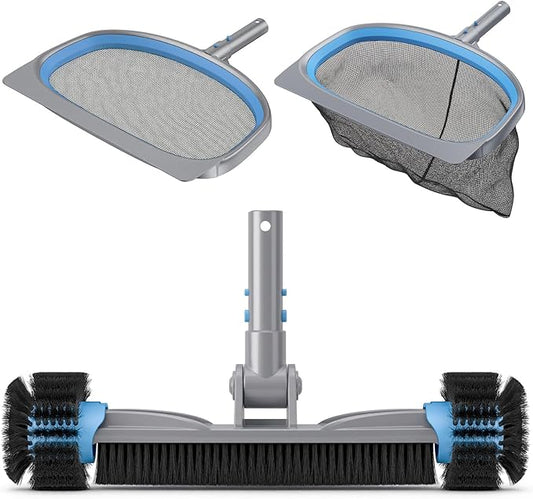 UIRWAY 3-in-1 Deluxe Swimming Pool Cleaning Kit - Includes Pool Brush with Detachable Side Round Ends, Deep Leaf Skimmer Net & Flat Fine Mesh Net for Inground & Above Ground Pools Cleaning(No Pole)