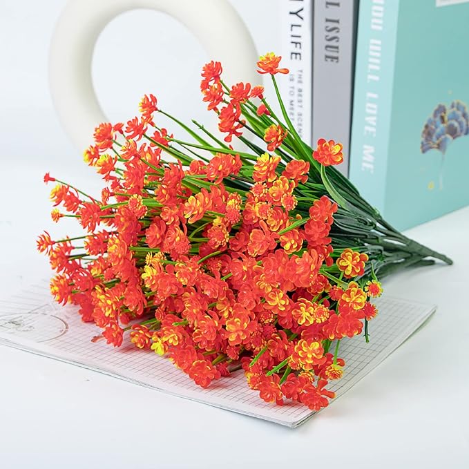 Ouddy Decor 24 Bundles Artificial Flowers for Outdoors UV Resistant Fake Plastic Plants Faux Greenery Stems for Spring Summer Indoor Garden Patio Window Box Kitchen Home Decor, Orange