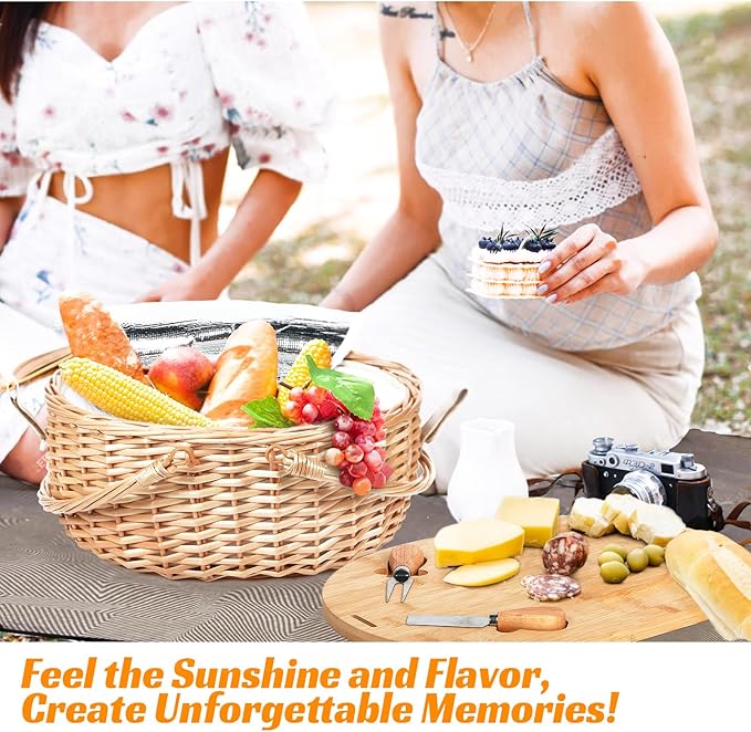 Hap Tim Dual Wicker Picnic Basket Set with Blanket for 2 - Unique Gifts Ideas for Couple, Engagement, Wedding, Bridal Shower, Family, Christmas - White Elephant Gifts for Adults（Y2408A-2）