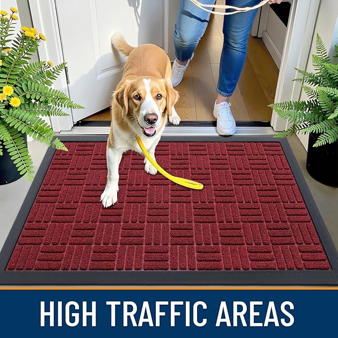 OLANLY Front Door Mat Outside Entrance 71x47, Absorbent, Heavy Duty Sturdy Natural Rubber Doormat Indoor Outdoor, Non-Slip, Stain and Fade Resistant, Low Profile Floor Mat for Entryway, Black Red