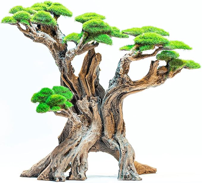 Novelsite Fish Tank Decor- Bonsai Tree of The Forest with Faux Moss- Aquarium Decoration Aquascaping- Made of Sandstone, 8.8 x 4.3 x 7.8 inches