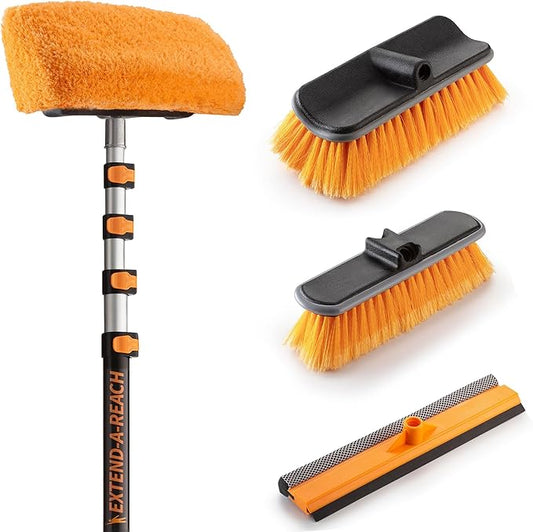 25 Foot Exterior House Cleaning Brush Set with 5-18 ft Extension Pole // Vinyl Siding Brushes with Telescopic Extendable Pole & Window Cleaning Squeegee Tool // The Ultimate Extension Scrub Brush Set