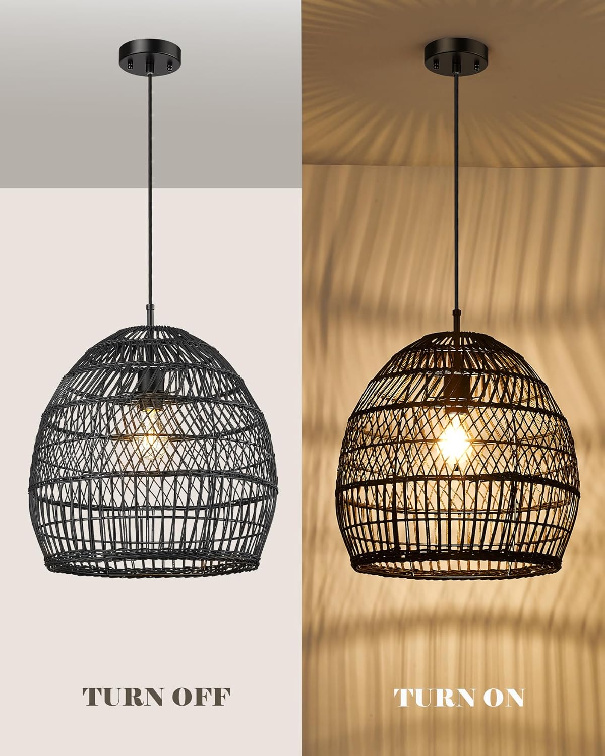 ELYONA 16” Large Rattan Pendant Light, Modern Black Wicker Chandelier, Hand Woven Boho Basket Hanging Light Fixtures for Farmhouse Dining Room Kitchen Island Living Room Bedroom Foyer (40cm*40cm)