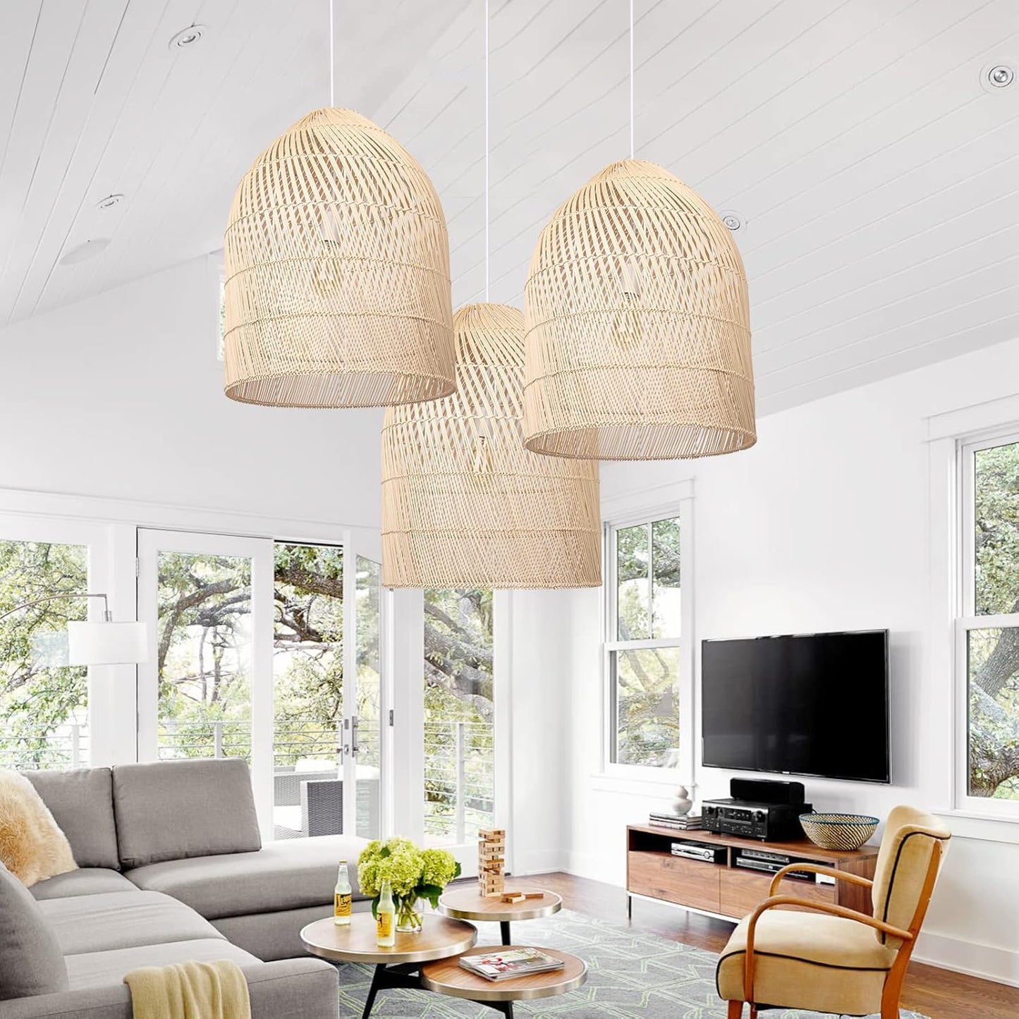 Arturesthome 1 Light Wicker Bell Pendant Lamp, Design Basket Rattan Woven Pendant Light Shades, Handmade Hanging Ceiling Lights Crafts Lampshade 16.5"*20.8"