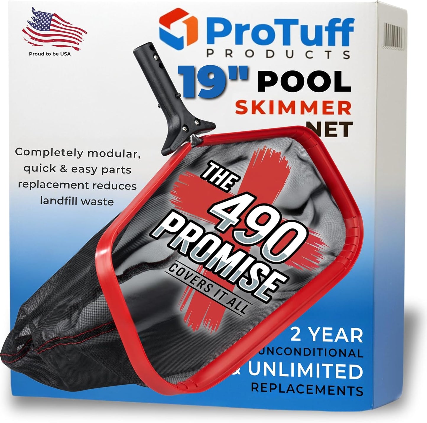 ProTuff 19.5" Fine Pool Net – 2 Year Unconditional Free Replacement – Cleans 3X Faster Than Vacuums – Wide Pool Skimmer with Deep Bag for Easy Maintenance – Skimmer Net for Leaves, Bugs & Other Debris